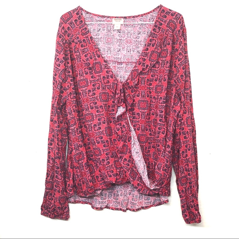 Mossimo Geometric Ruffled Tie Front Ladies Top